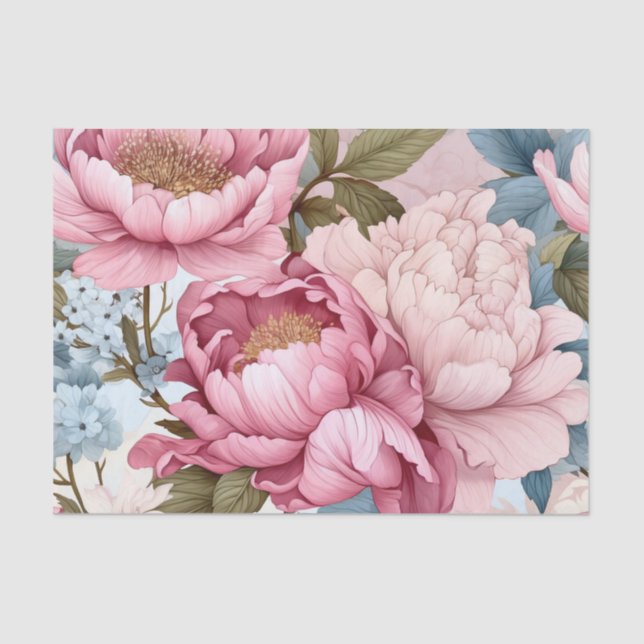 Large Pink Flowers with Delicate Blue  Tissue Paper (Front)
