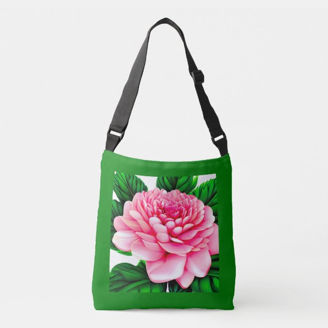 Large Pink Peony with Emerald Green Leaves  Crossbody Bag (Front)