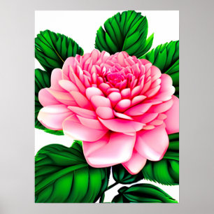 Large Pink Peony with Emerald Green Leaves Poster