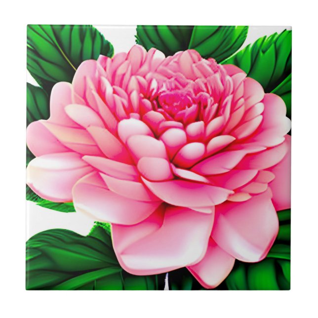 Large Pink Peony with Emerald Green Leaves  Tile (Front)