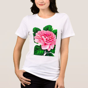 Large Pink Peony with Emerald Green Leaves Tri-Blend Shirt