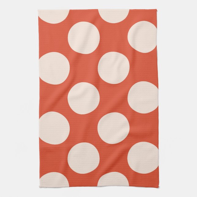 Large pink polka dots circles on red kitchen towel (Vertical)