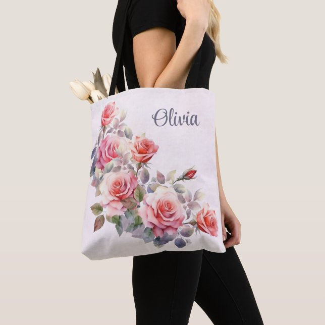 Large Pink Roses Personalized Tote Bag (Close Up)