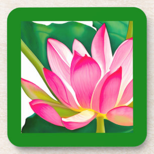 Large Pink Water Lily with Emerald Green Leaves Coaster