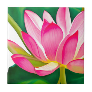 Large Pink Water Lily with Emerald Green Leaves Tile