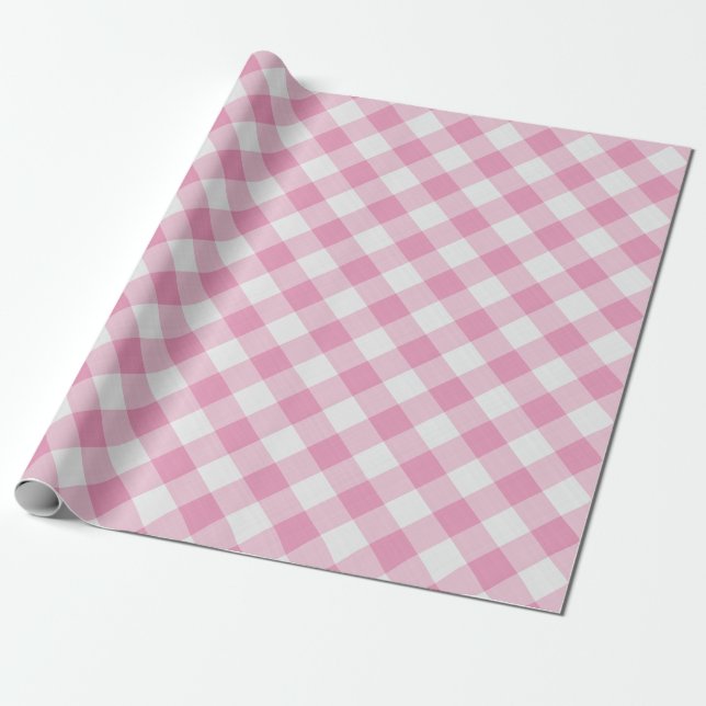 Large Pink/White Gingham Checks Pattern Geometric Wrapping Paper (Unrolled)