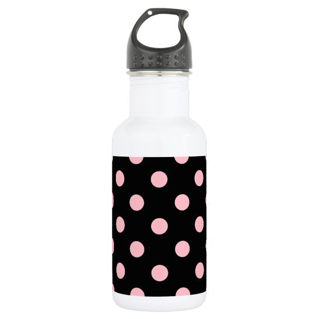 Large Polka Dots - Pink on Black 532 Ml Water Bottle (Front)