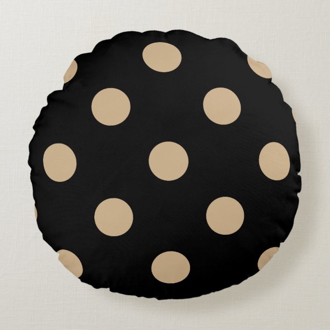 Large Polka Dots - Tan on Black Round Pillow (Front)