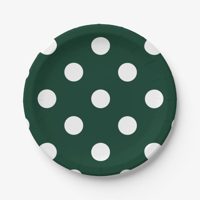 Large Polka Dots - White on Dark Green Paper Plate (Front)
