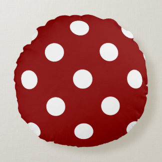 Large Polka Dots - White on Dark Red Round Pillow