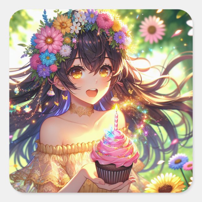 Large Pretty Anime Girl Birthday  Square Sticker (Front)