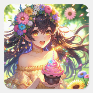 Large Pretty Anime Girl Birthday  Square Sticker