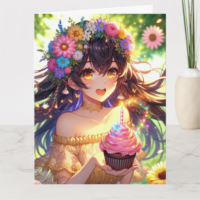 Large Pretty Anime Girl Personalized Birthday  Card (Front)