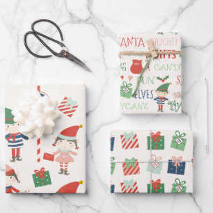 Large Print Santas Elves Pattern Christmas  Wrapping Paper Sheet