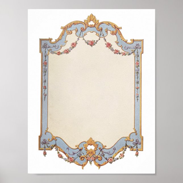 Large Printable French Vintage Frame Blue Scroll  Poster (Front)