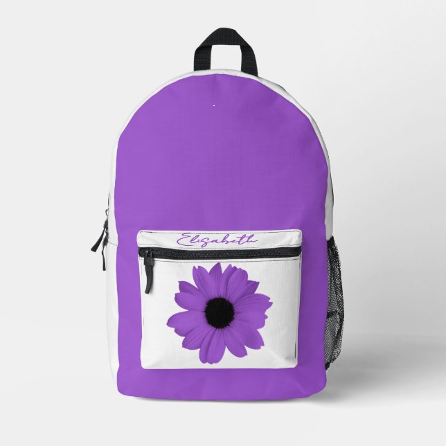 Large Purple Daisy / Flower and Your Name Printed Backpack (Front)