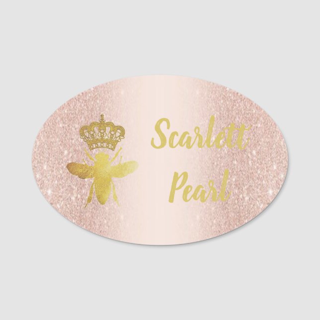 Large QUEEN BEE Rose Glitter Pink Badge Magnetic (Front)