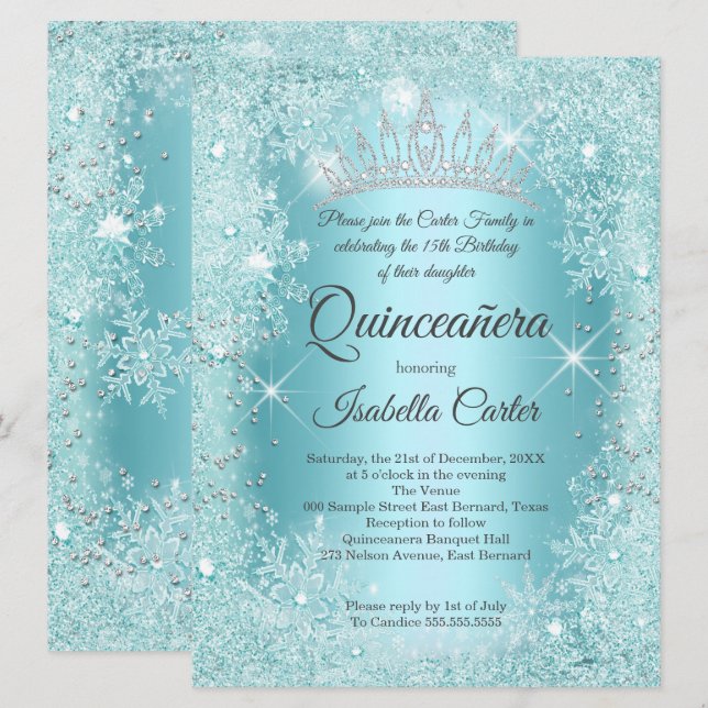 Large Quinceanera Teal Snowflake Winter Wonderland Invitation (Front/Back)