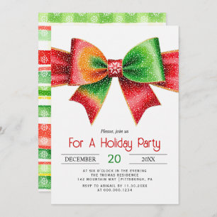 Large red and green bow christmas holiday party invitation