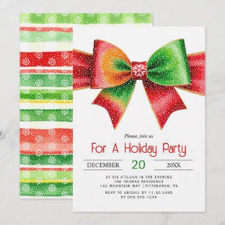 Large red and green bow christmas holiday party invitation