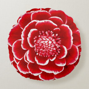 Large Red and White Dahlia Flower Round Pillow