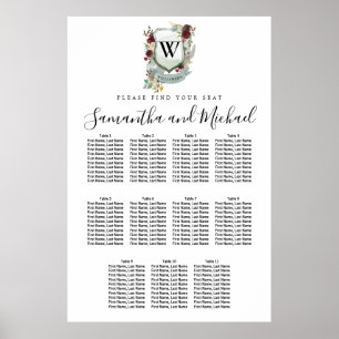 Large Red Floral Crest 11-Table Seating Chart