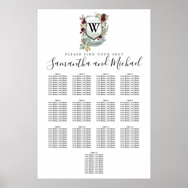 Large Red Floral Crest 13-Table Seating Chart (Front)