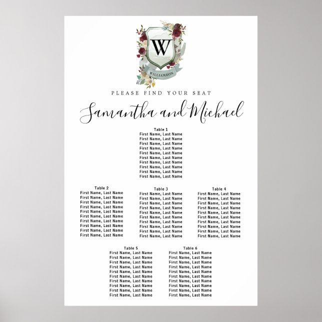 Large Red Floral Crest 6-Table Seating Chart (Front)