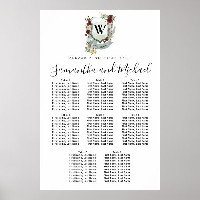 Large Red Floral Crest 8-Table Seating Chart (Front)