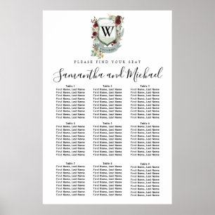 Large Red Floral Crest 9-Table Seating Chart