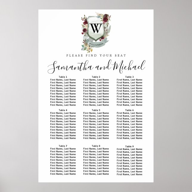 Large Red Floral Crest 9-Table Seating Chart (Front)