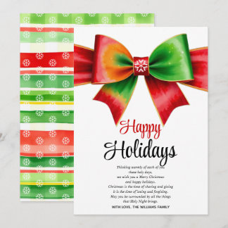 Large red, green bow and stripes Christmas Holiday Card