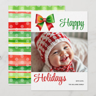 Large red, green bow and stripes Christmas photo Holiday Card