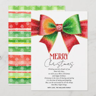 Large red, green bow, snowflakes Merry Christmas Holiday Card