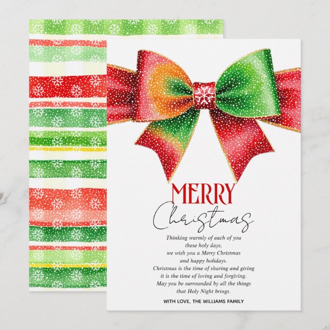 Large red, green bow, snowflakes Merry Christmas  Holiday Card (Front/Back)