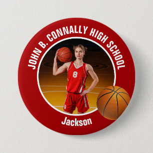 Large Red High School Basketball Player Photo 3 Inch Round Button