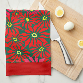 Large Red Poinsettia Flowers on Green Red Borders Kitchen Towel