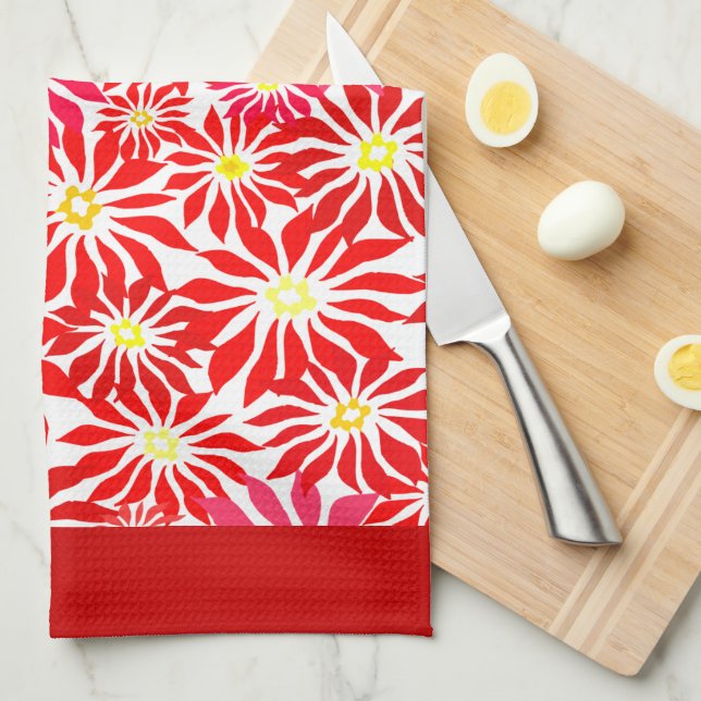 Large Red Poinsettia Flowers Pattern Kitchen Towel (Quarter Fold)