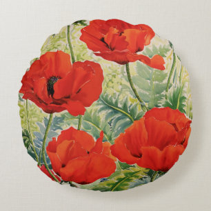 Large Red Poppies Round Pillow