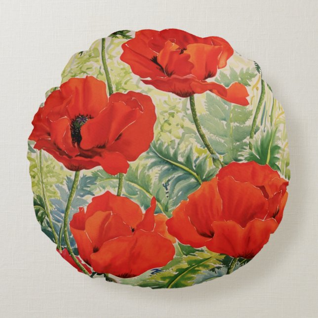 Large Red Poppies Round Pillow (Front)