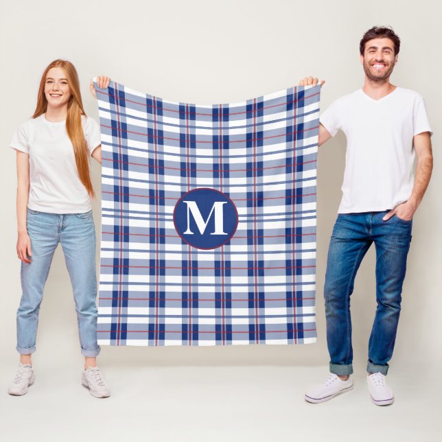 Large, Red, White & Blue Monogram Plaid Fleece Blanket (In Situ)