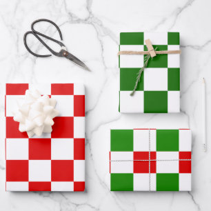 Large Retro Chequerboard Red and Green Christmas Wrapping Paper Sheet