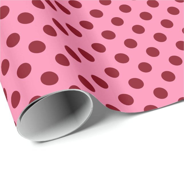 Large retro dots - burgundy on pink wrapping paper (Roll Corner)