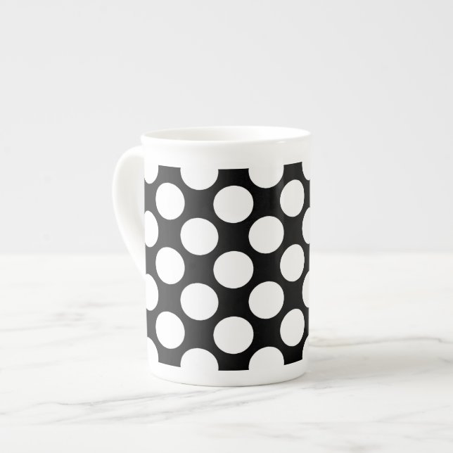 Large retro dots - white and black bone china mug (Front Left)
