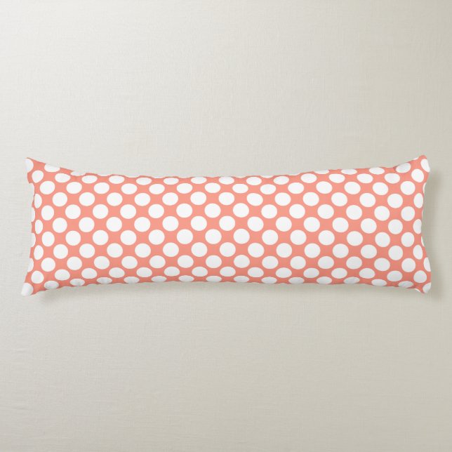 Large retro dots - white and coral pink body pillow (Front)