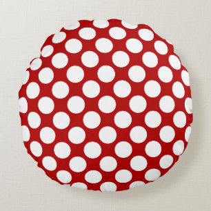 Large retro dots - white and red round pillow