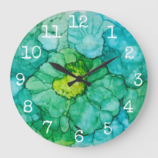 Large Round Clock "Blue-Greens Flowers" (Front)