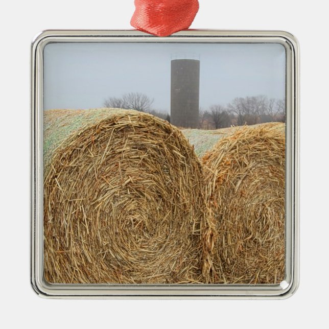 Large Round Hay Bales in a Farm Field Metal Ornament (Front)
