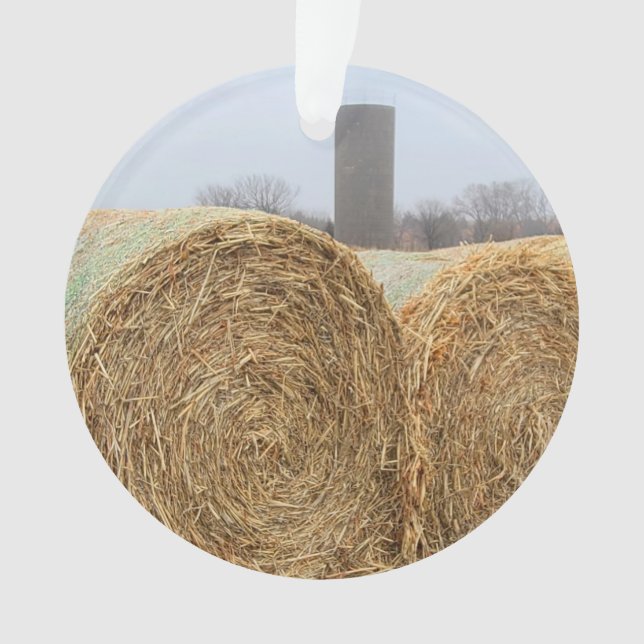 Large Round Hay Bales in a Farm Field Ornament (Front)