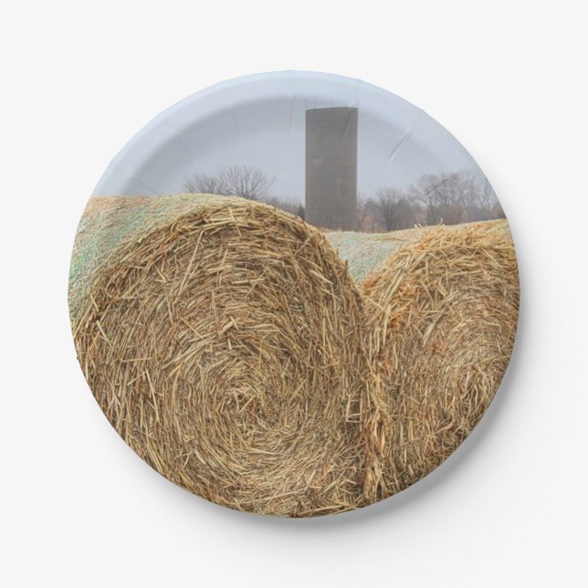Large Round Hay Bales in a Farm Field Paper Plate (Front)